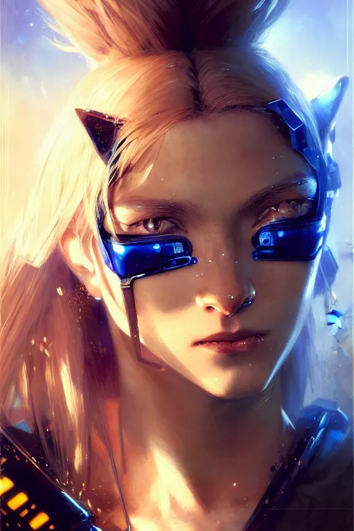 Prompt: extreme close up cyberpunk catgirl in a futuristic police uniform of white and gold portrait dnd, painting by gaston bussiere, craig mullins, greg rutkowski, yoji shinkawa
