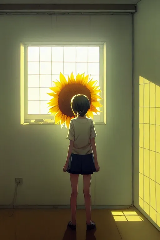 Image similar to a high detail empty room with sunflower by Tomas Sanchez and Simon Stålenhag and krenz cushart and ilya kuvshinov. pixiv fanbox skeb.jp clipstudio medibang ichi-up CGWORLD key visual manga cover