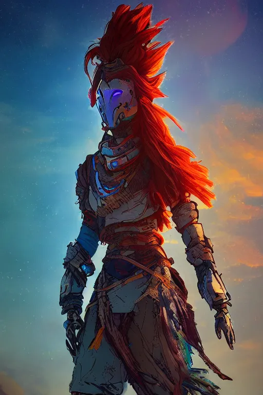 Image similar to combination suit armor aloy horizon forbidden west horizon zero dawn radiating a glowing aura global illumination ray tracing hdr fanart arstation by ian pesty and alena aenami artworks in 4 k tribal robot ninja mask helmet backpack