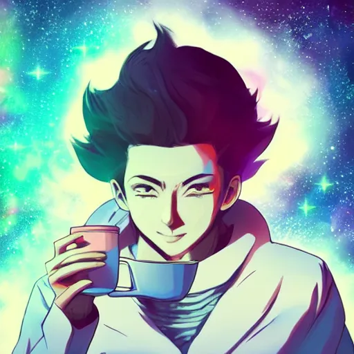 Image similar to A man drinking a cup of cosmic energy bright light, illustration, anime style, Artgerm, 4k, digital art, surreal, anime style, space dandy style, highly detailed, godsend, artstation, digital painting, concept art, smooth, sharp focus,