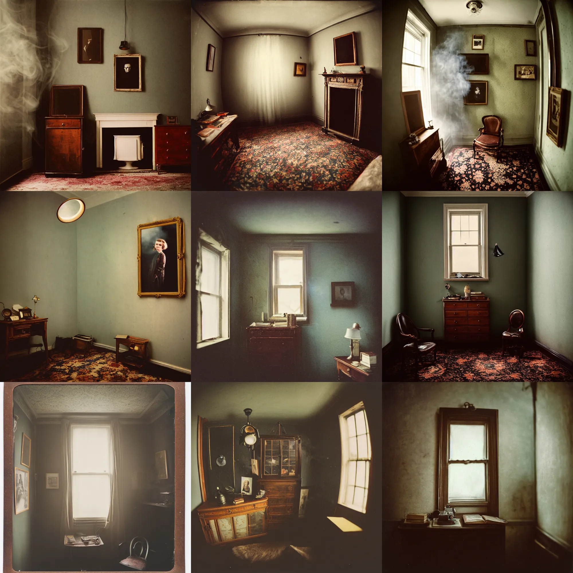 Prompt: kodak portra 4 0 0, wetplate, 8 mm extreme fisheye, award - winning portrait by britt marling, a person in a 1 9 2 0 s room, ghost, picture frames, shining lamps, dust, smoke, 1 9 2 0 s furniture, wallpaper, carpet, books, muted colours, wood, fog,