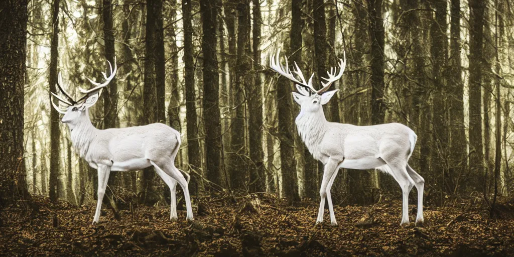 Image similar to king of the forest, a white stag, beautiful, fantasy, hyper realistic, dramatic lighting, cinematic, 3 5 mm lens, 8 k,