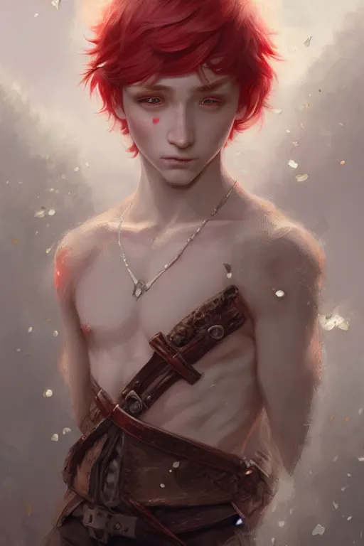 Prompt: young fairy prince, red hair, white eyes, highly detailed, d & d, fantasy, highly detailed, digital painting, trending on artstation, concept art, sharp focus, illustration, art by artgerm and greg rutkowski and fuji choko and viktoria gavrilenko and hoang lap