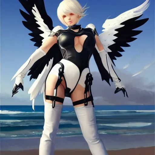 Image similar to greg manchess painting of a 2 yorha type a no. 2 as mercy from overwatch wearing skintight leather jacket in a beach, white long hair, large white wings, painting, trending on artstation, by huang guangjian and gil elvgren and sachin teng