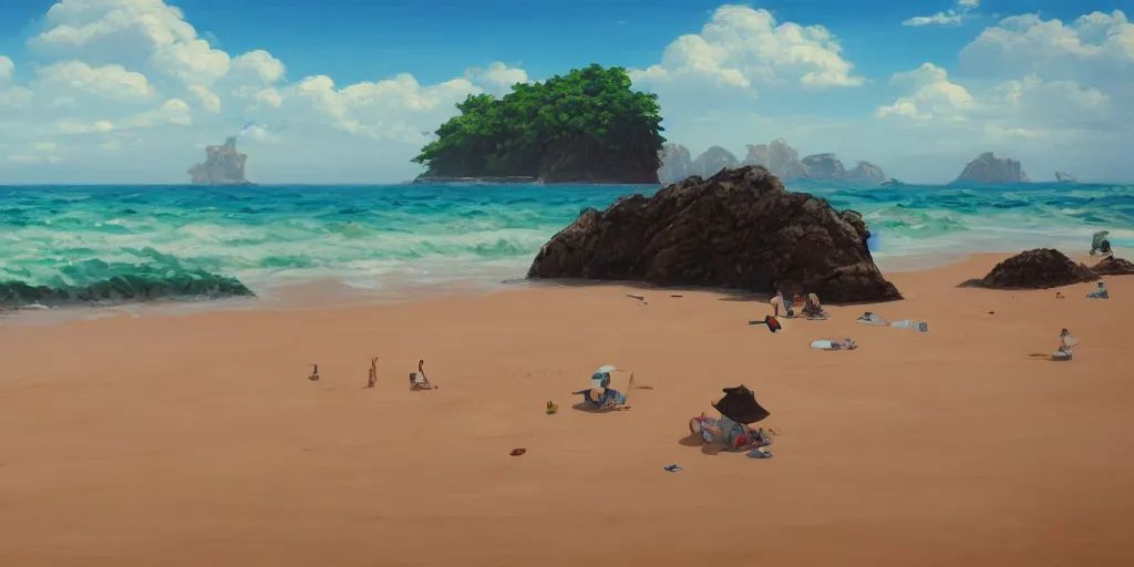 Image similar to a beach, studio Ghibli, cinematic lighting, detailed oil painting, hyperrealistic, 8k