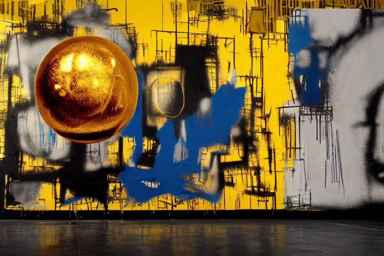 Image similar to creepy golden ball, multilayer glitch effect in spatial perceptron synapses, matte painting, 4 k, epic composition, volumetric light, abstract illusionism, by robert rauschenberg, konstantinas ciurlionis, jean - michel basquiat, pour paint, modern street art, grunge wall, industrial