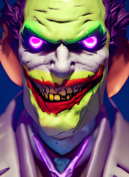 Prompt: glowwave portrait of the joker from borderlands 3, hyper detailed, digital art, trending in artstation, cinematic lighting, studio quality, smooth render, unreal engine 5 rendered, octane rendered, art style by heri irawan and wlop