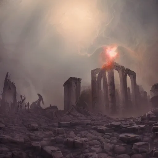 Image similar to Giant smoke monster coming out of the ground, thick swirling smoke, Nyarlathotep, Tentacles, mist, dramatic lighting, Byzantine ruins, surrounded by priests, worshipers, desert, cinematic, trending on artstation