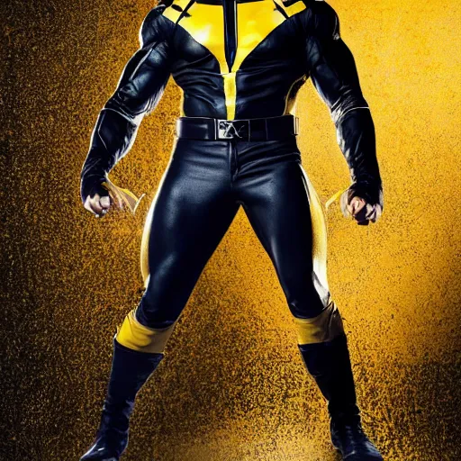 Image similar to Hugh Jackman wolverine in X-Men yellow and black costume, studio photograph, strong pose