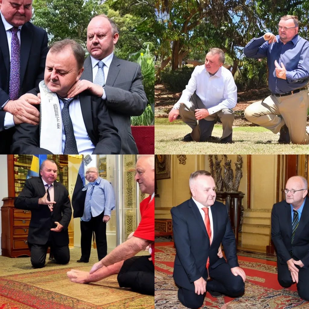 Prompt: anthony albanese kneeling as he is given an elder scroll