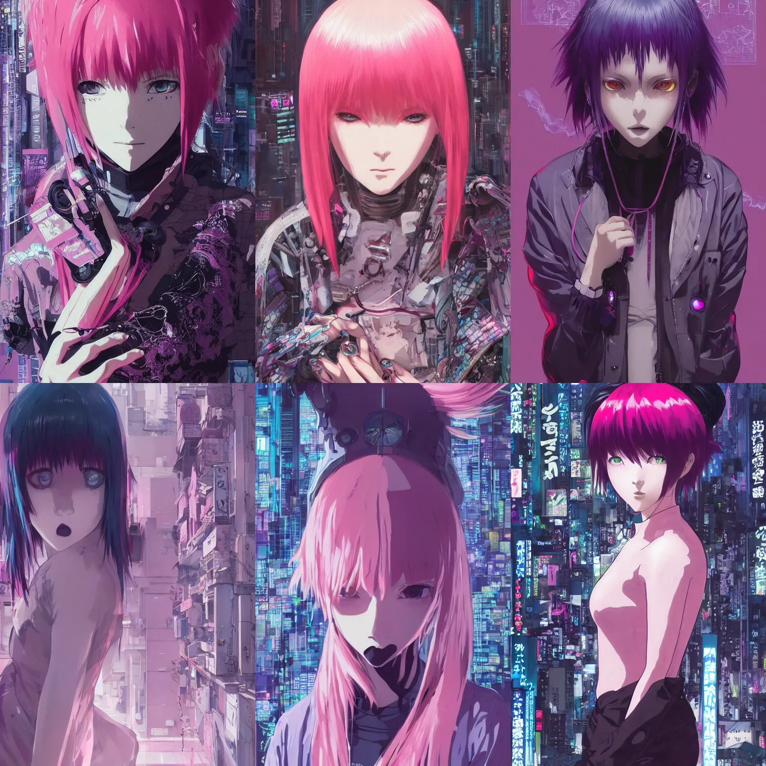 Prompt: by kyoto animation, very creepy ghost in the shell girl pink hair, jump from a building, tears from the eyes, wearing cyberpunk intricate streetwear, beautiful, detailed portrait, intricate complexity, ilya kuvshinov, cell shaded, 4 k, concept art, by wlop, ilya kuvshinov, greg rutkowski, sharp focus, volumetric lighting, cinematic lighting