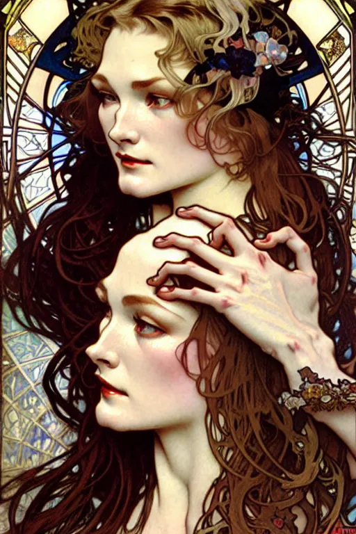 Prompt: realistic detailed full-face portrait of Veronica Lake by Alphonse Mucha, Ayami Kojima, Yoshitaka Amano, Charlie Bowater, Karol Bak, Greg Hildebrandt, Jean Delville, and Mark Brooks, Art Nouveau, Pre-Raphaelite, Neo-Gothic, gothic, Art Nouveau, intricate fine details, exquisite, rich deep moody colors, beautiful detailed background