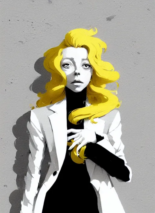 Image similar to highly detailed closeup portrait of beautiful portia doubleday, blonde wavy hair, angela moss, white suit by atey ghailan, by greg rutkowski, by greg tocchini, by james gilleard, by joe fenton, by kaethe butcher, gradient yellow, black and white color scheme, grunge aesthetic!!! ( ( graffiti tag wall background ) )