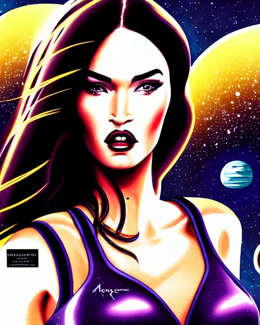 Prompt: closeup beautiful retro space megan fox varga girl, posing on a chrome space ship in diesel punk city, windblown dark hair, seductive, hyper detailed, digital art, smooth, sharp focus,