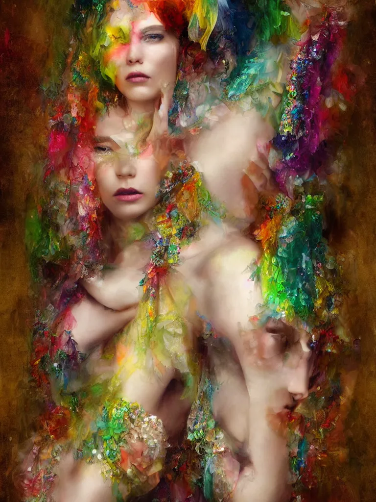 Prompt: digital matte painting of a beautiful young woman draped in rainbow crystals, by michael hussar, intricate, colorful