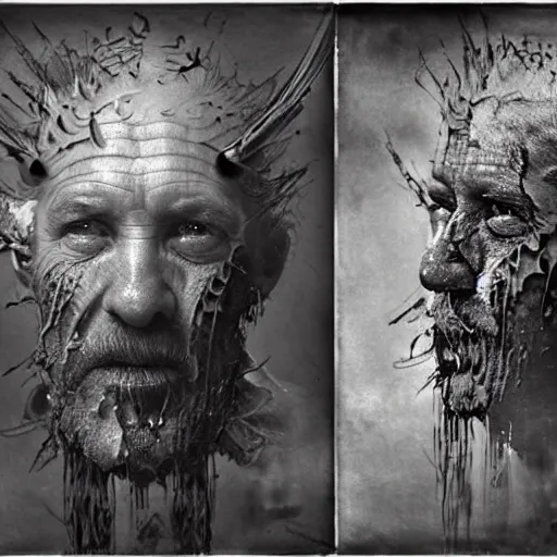 Image similar to collodion process photography of mutant fishman sailor old man with gills and scales creatures from the deep ocean by emil melmoth zdzislaw beksinki craig mullins yoji shinkawa realistic render ominous detailed photo atmospheric by jeremy mann francis bacon and agnes cecile ink drips paint smears digital glitches glitchart