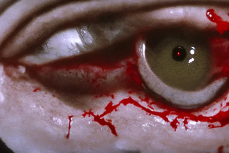 Image similar to filmic extreme wide shot dutch angle movie still 35mm film color photograph of a doctor getting his both his eyeballs pulled out by dangerous alien worms coming from off camera, blood splattering, in the style of The Thing 1982 horror film