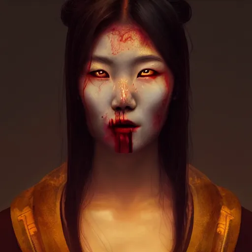 Prompt: portrait beautiful korean female, porcelain face portrait, glowing amber golden eyes, blood in teeth, raphael lacoste, eddie mendoza, alex ross, concept art, matte painting, highly detailed, rule of thirds, dynamic lighting, cinematic, detailed, denoised, centered