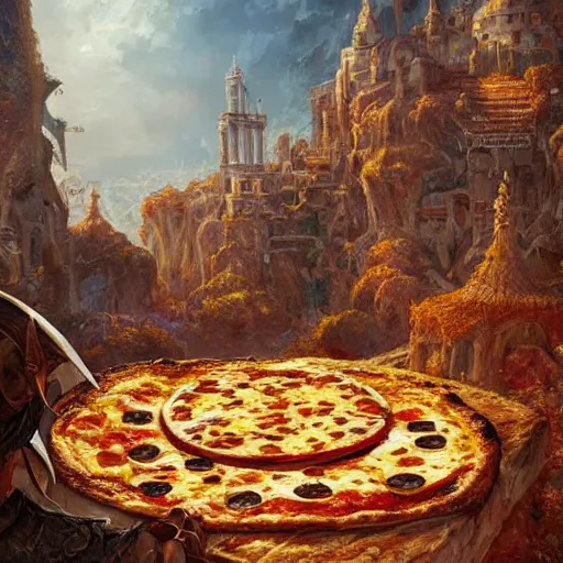 Prompt: ultra realistic illustration of!! pizza giant!!, intricate, fantasy italy, epic landscape, highly detailed, digital painting, artstation, concept art, smooth, sharp focus, illustration, art by tim mcburnie and conar cross and anato finnstark