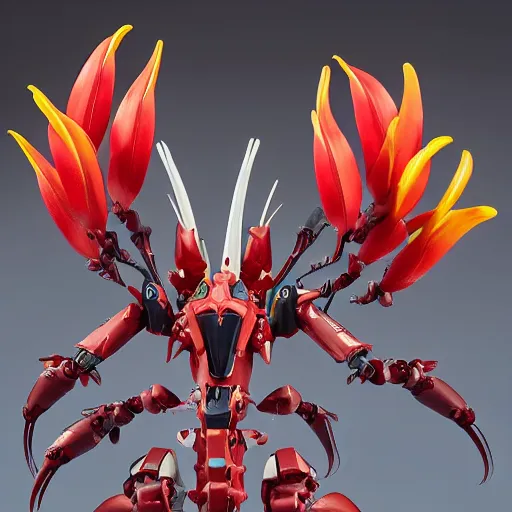 Image similar to futuristic heliconia rostrata mecha lobster claw plant body, sepals forming helmet, floral details, heliconia, 8 k hd resolution, barbatos gundam with floral inlay, bandai box art, star wars, makoto kobayashi, frank gehry, raymond swanland