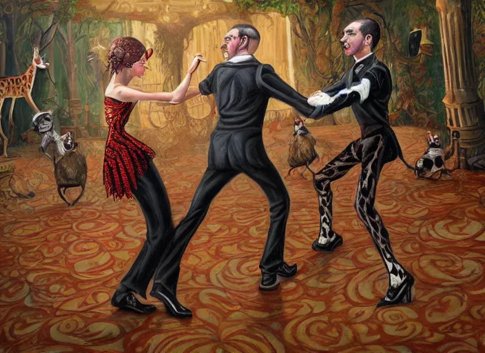 Prompt: a ballroom dance with 🦓🦒, 8 k lowbrow oil on canvas, in the style of greg simkins!