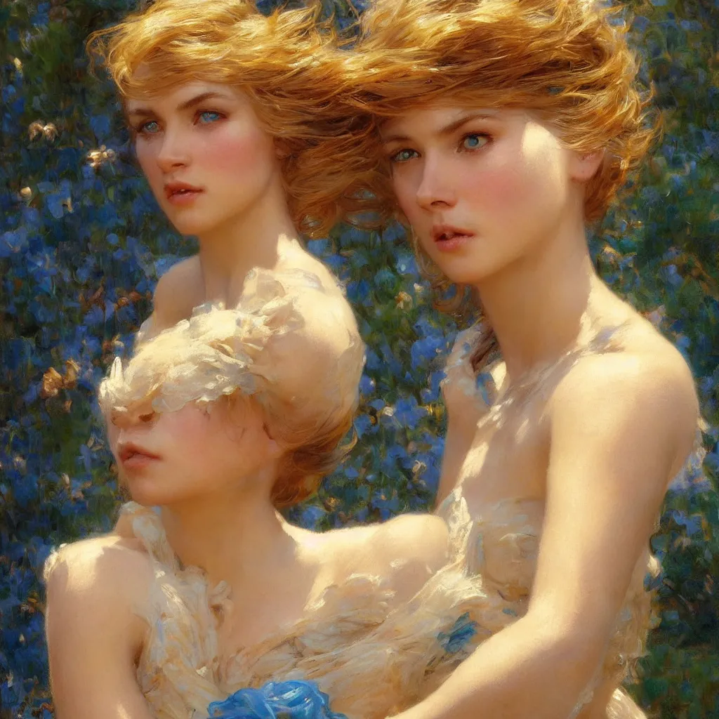 Image similar to detailed cinematic wide angle shot of beautiful attractive woman clean skin blue yese blonde hair, ultra realistic, spring light, painting by gaston bussiere, craig mullins, j. c. leyendecker