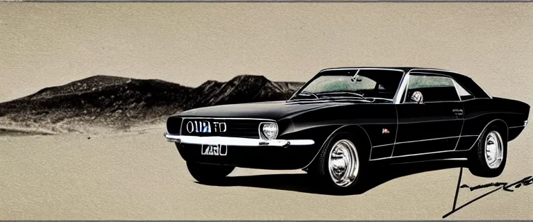 Prompt: black flames livery audi camaro b 1 ( 1 9 6 7 ), retro poster, establishing shot