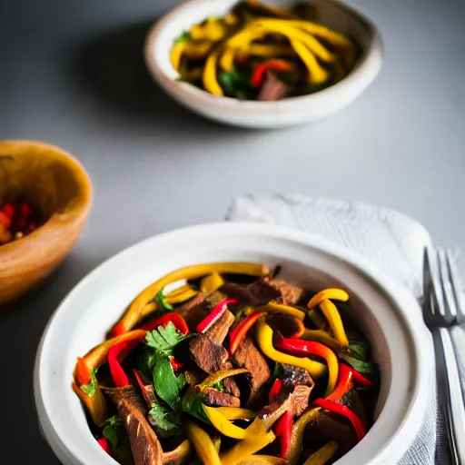 Image similar to dslr food photograph of lomo saltado, 8 5 mm f 1. 8