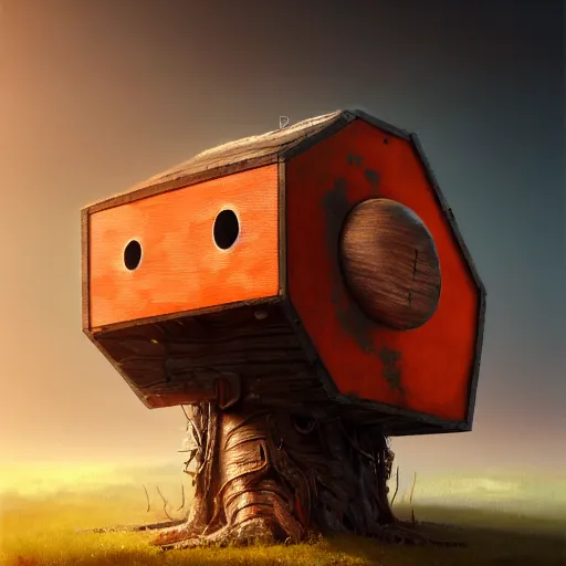 Image similar to a walking wood and metal house with two legs and one big eye, rust, hyperrealistic, highly detailed, cinematic, single ray of sun, morning, pareidolia, gravity falls style, red and orange dominance, beautiful, cgssociety, artstation, 8 k, oil painting, digital art