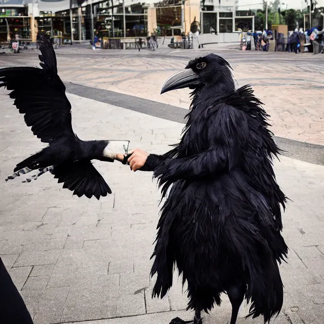 Prompt: a person wearing a fursuit of a crow fursona, fursona, furry convention, photograph, furry fandom, photorealistic,