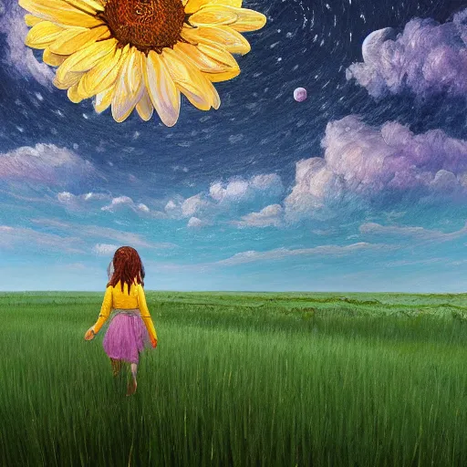 Image similar to giant daisy flower as a head, girl walking in wheat field, hills, surreal photography, moon light, dark night, star trails, dramatic light, impressionist painting, clouds, digital painting, artstation, simon stalenhag