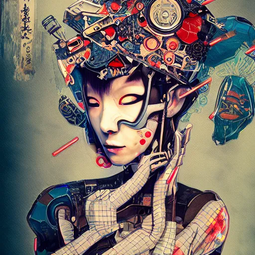 Prompt: japanese cyborg, collage art, mixed media, enchanting, part by james jean, part by ross tran, dramatic lighting, highly detailed, 8 k, vibrant