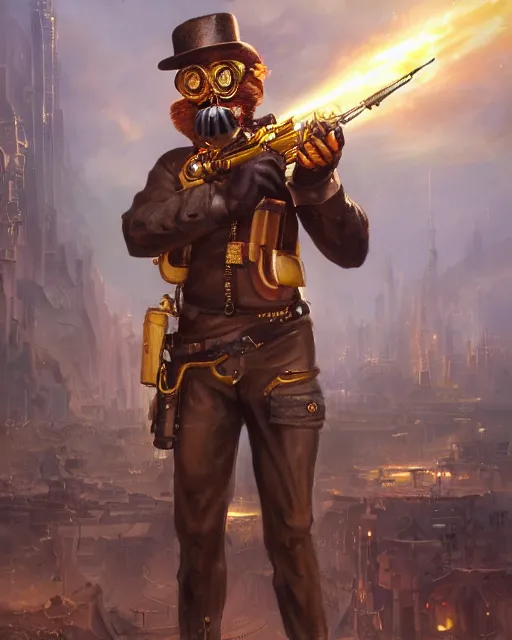 Prompt: oil painting of Anthropomorphized Monkey Sniper, holding steampunk gun, sharp focus, exploding golden steampunk city background, full body, heroic pose, fantasy style, octane render, volumetric lighting, 8k high definition, by greg rutkowski, highly detailed, trending on art Station, magic the gathering artwork, centered, dramatic artwork, combat scene