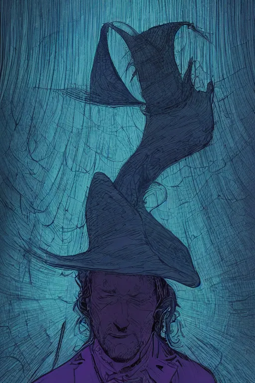 Image similar to the wizard, art by jack gaughan and brian lee durfee and jean giraud moebius, trending on artstation, dark atmospheric lighting fish eye photoshop, hyperrealism, profile picture, inverted colors, op art