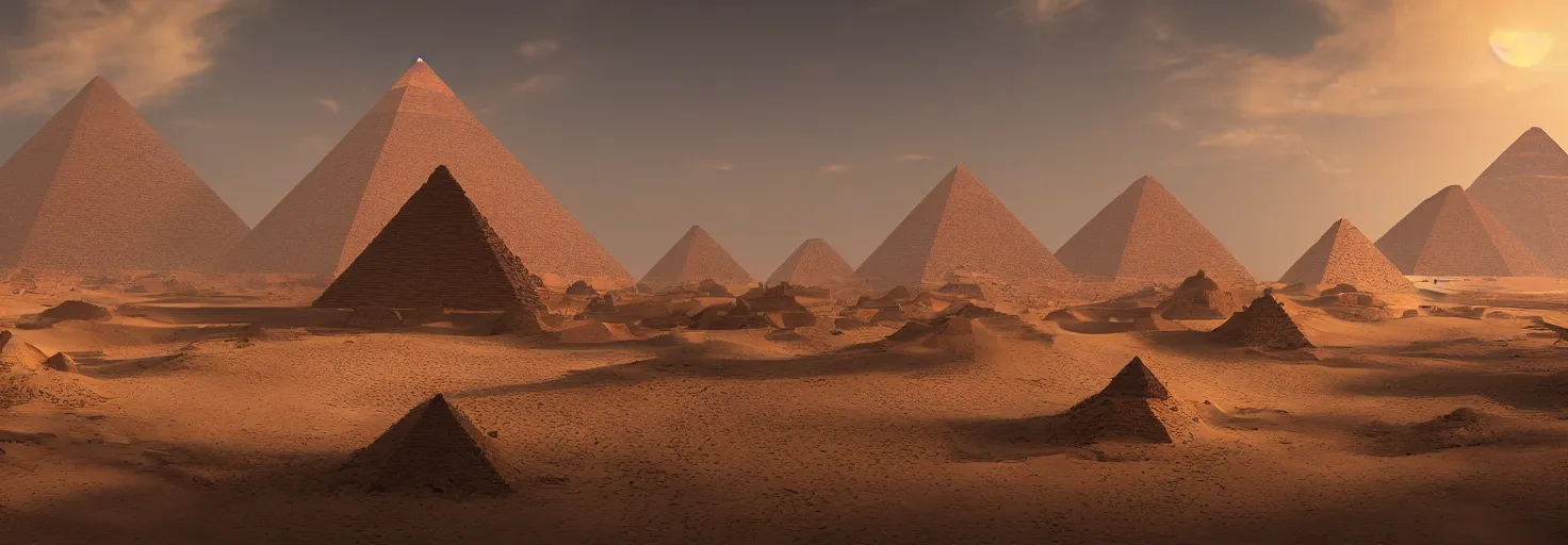 Prompt: A desert with pyramids by paul chadeisson, cinematic lighting, extremely detailed, ultra realistic, trending on artstation, 8K