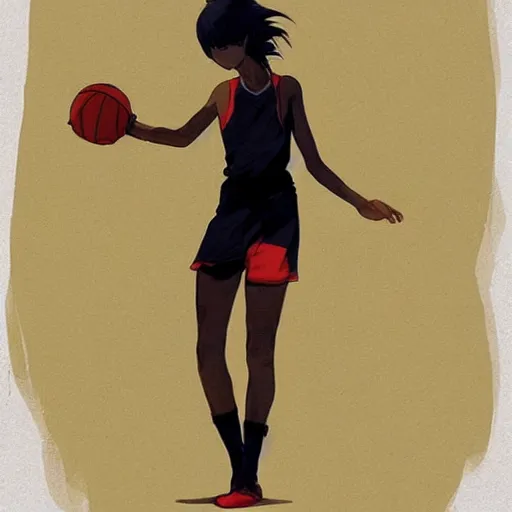 Prompt: anime portrait of young girl playing basketball at the beach by Conrad Roset