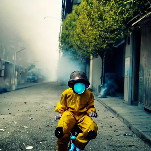 Image similar to a photo of a boy wearing a hazmat suit, riding a bike, side-view, smoke in the background, filthy streets, broken cars. Vines growing. Jpeg artifacts. Full-color photo. Color color color color color. Award-winning photo. Samyang/Rokinon Xeen 50mm T1.5