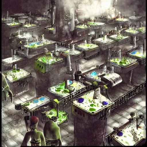 Prompt: gelatinous cubes being processed into magic items with the juice made from their bodies, d & d, industrial assembly line in a fantasy steampunk factory, dave mckean