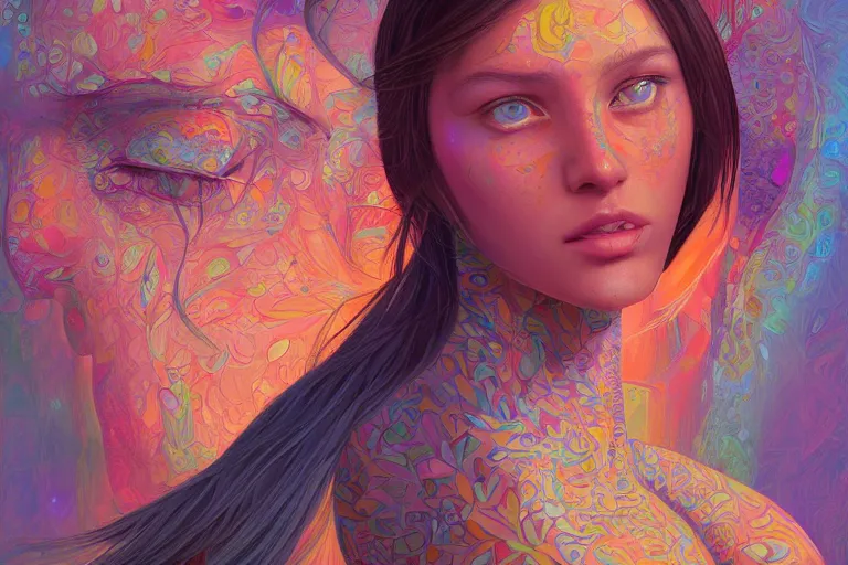 Prompt: beautiful woman, illustration painting, oil on canvas, intricate, portrait, detailed illustration, hd, digital art, overdetailed art, concept art, complementing colors, detailed, illustration painting by alex gray, digital art, overdetailed art, concept art, complementing colors rendered by beeple, by makoto shinkai, syd meade,