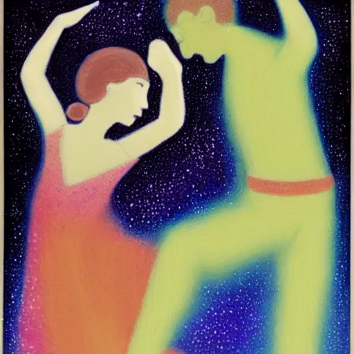 Prompt: two glass people dancing at the rhythm of a galactic waltz in the space