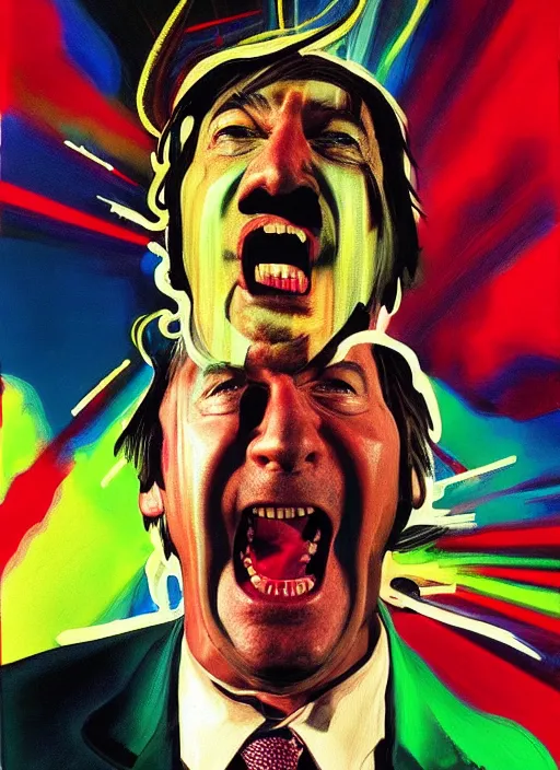 Image similar to saul goodman, screaming, multimedia painting by david lynch,'action lines '!!!, graphic style, visible brushstrokes, motion blur, blurry