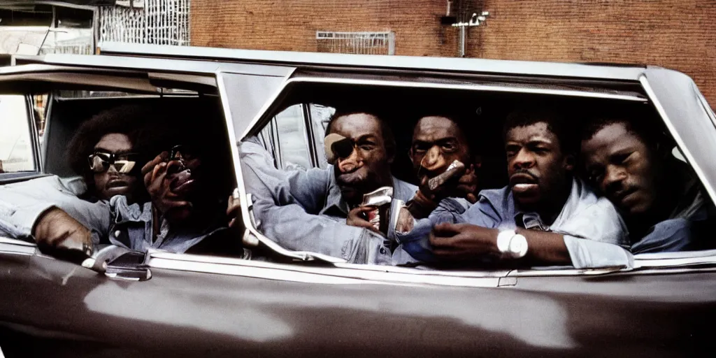 Image similar to bronx, black men sit in the 7 0 s car, holding a magnum, closeup, coloured film photography, bruce davidson photography