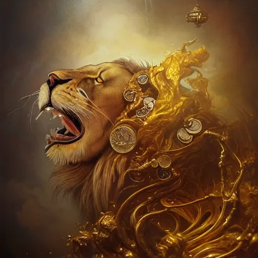 Image similar to a beautiful detailed 3 d matte portrait of a alchemist lion, by ellen jewett, by tomasz alen kopera, by justin gerard, ominous, magical realism, texture, intricate, skull, skeleton, gold coins, money, whirling smoke, alchemist bottles, radiant colors, fantasy, volumetric lighting, high details