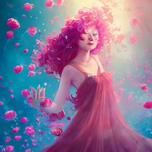 Image similar to Ginger woman in a swirling sundress of flowers, underwater, floral explosion, radiant light, vortex of plum petals, by WLOP and artgerm, artstation, deviantart, pixiv