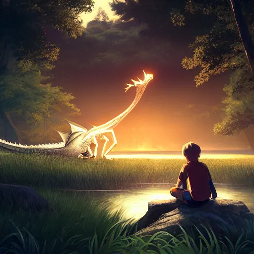 Image similar to a silver dragon and a boy sitting together next to a lake watching firefly at night in forest, concept art, dof, cryengine, digital art, detailed background, makoto shinkai