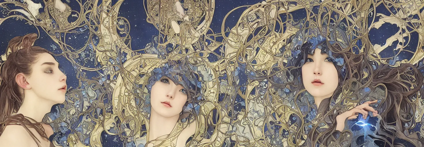 Prompt: cloaked dark winter night, awardwinning art by sana takeda and artgerm and alphonse mucha, conceptual volumetric realism, astronomical star constellations and watch gears, traditional moon, candle, tattoo, maiden and fool and crone, ultramarine blue and gold