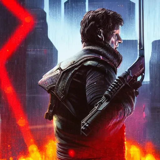 Image similar to todd howard with a gun, forcing you to buy skyrim, threatening, sharp, cinematic, colorful, digital art, neon, bright, cyberpunk, blade runner 2 0 4 9, realism, bold