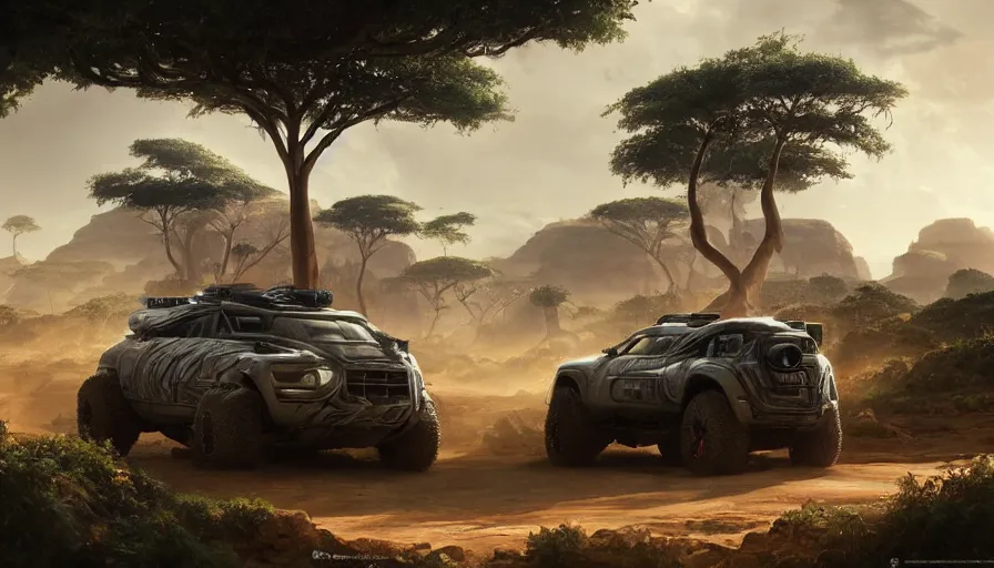 Image similar to a futuristic offroad suv designed by ford driving through madagascar with baobabs trees, artgerm and greg rutkowski and alphonse mucha, an epic fantasy, volumetric light, detailed, establishing shot, an epic fantasy, trending on art station, octane render, midsommar