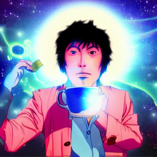 Image similar to A man drinking a cup of cosmic energy bright light by Hideaki Sorachi, 4k, digital art, surreal, anime style, cowboy Bepop, space dandy,