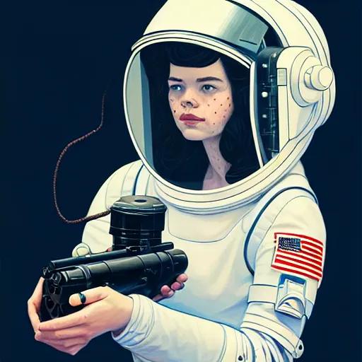 Image similar to A portrait of a girl wearing a vintage sci-fi astronaut helmet and holding a blaster, face, intricate, elegant, highly detailed, digital painting, artstation, concept art, smooth, sharp focus, illustration, art by phil noto and rebecca guay and james jean